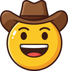 A smiling yellow emoji wearing a brown cowboy hat, conveying happiness and joy.