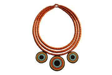 Ethnic beaded necklace with three colorful pendants, closeup style, isolated on white background. Concept of culture and handmade design. Ai generative