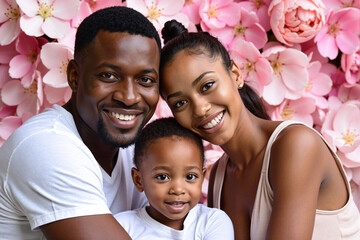 Beautiful family smiling together in a loving embrace surrounded by a wall of blooming pink flowers in a spring garden