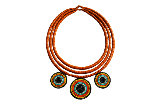 Ethnic beaded necklace with three colorful pendants, closeup style, isolated on white background. Concept of culture and handmade design. Ai generative