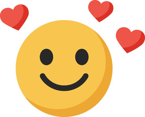 A cheerful yellow emoji with a smiling face and floating red hearts, expressing affection.