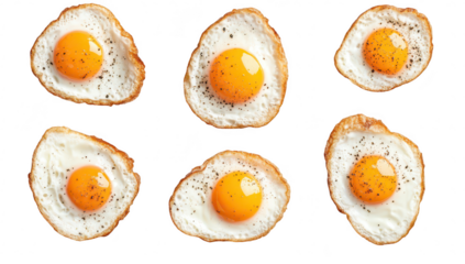 A visually appealing arrangement of six perfectly fried eggs with golden yolks and crispy edges. set against a clean white background. ideal for culinary blogs or food-related content
