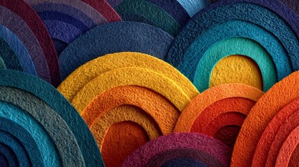 Layered Multicolored Felt Semicircular Shapes in Vibrant Rainbow Palette with Textured 3D Effect for Decorative Background and Modern Design Projects