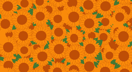 Sunflower pattern with green leaves on orange background