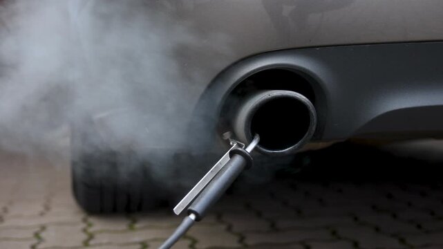 Car exhaust pipe emits dense smoke during emission test on city pavement. Pollution control device measures harmful gases. Service car center garage workshop.  Automobile repair check up diagnosis
