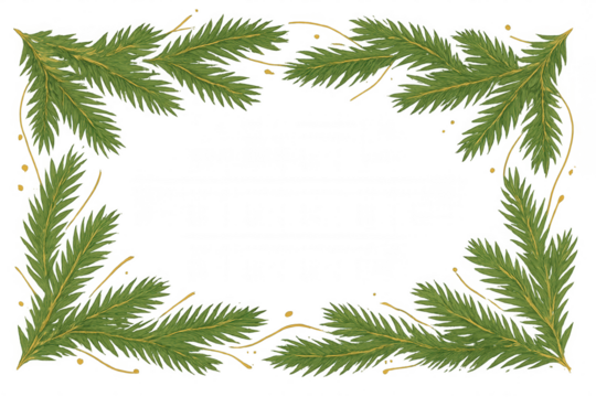 Christmas fir branches frame decorating a holiday banner, festive pine border with golden elements, transparent background