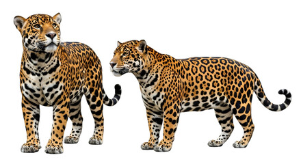Obraz premium Two Majestic Jaguars on White Background: Powerful Wild Big Cats with Spotted Fur, Perfect for Wildlife, Nature, and Exotic Animal Designs Isolated for Easy Use