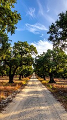 Country road lined with trees under a partly cloudy sky