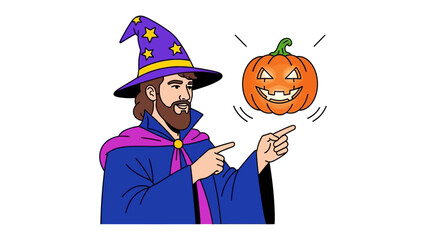 Enchanting Halloween: A wizard, resplendent in a whimsical costume, conjures a glowing pumpkin, his gaze filled with both glee and mystery.