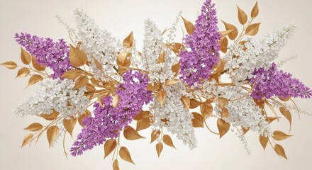 A beautiful floral arrangement of white and purple lilac flowers with golden leaves, isolated on a white background