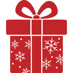 A festive red gift box adorned with delicate white snowflakes and a matching bow on a white background silhouette