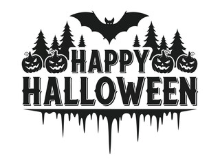 Happy Halloween Text With Silhouette Design: Spooky Halloween night greeting illustration. Text design featuring silhouettes of pumpkins, trees, and a bat.