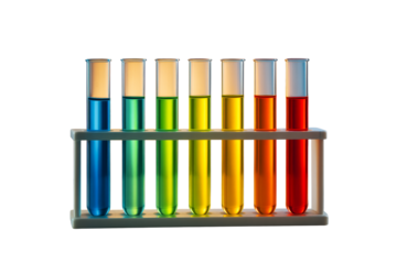 Seven colorful liquid-filled test tubes arranged in a plastic rack, isolated on white background, clean science concept with transparent layout. Ai generative.