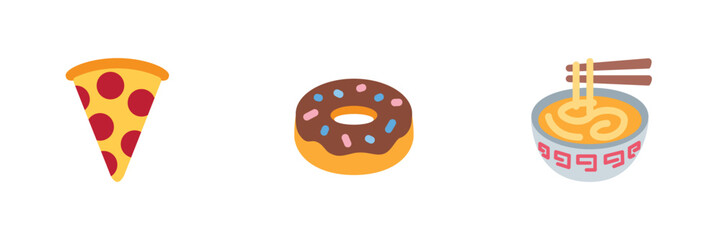 A slice of pepperoni pizza, a chocolate frosted donut with sprinkles, and a bowl of ramen noodles with chopsticks, all isolated on a transparent background