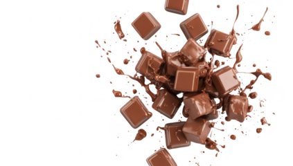 A dynamic splash of chocolate cubes scattered artistically against a white background. highlighting the rich texture and color of the chocolate. ideal for culinary or dessert-themed visuals