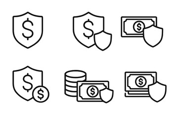 Money protection icon set. Financial security and insurance concept. Dollar sign with shield, safe payment, and investment safety symbols. Finance guarantee vector line icons.