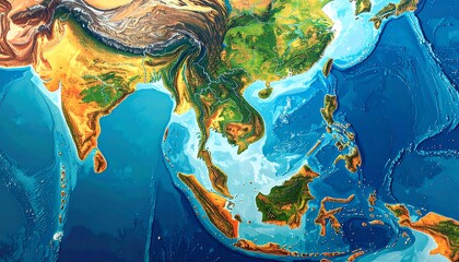 Detailed map of Southeast Asia and surrounding regions, showing landforms and bodies of water