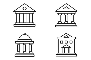 Obraz premium Bank building outline icon set. Financial institution, courthouse or university vector line art collection. Classic government architecture pictogram. Editable stroke graphic.