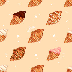 Hand Drawn Croissant Seamless Pattern Illustration on Beige Background