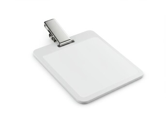 Blank white plastic identification badge with a metal clip displayed against a pristine white backdrop, exhibiting a minimalist design for  or event purposes, highlighting the potential for...