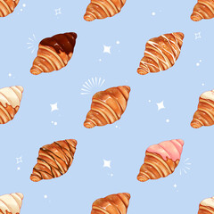 Hand Drawn Croissant Seamless Pattern Illustration on Blue Background