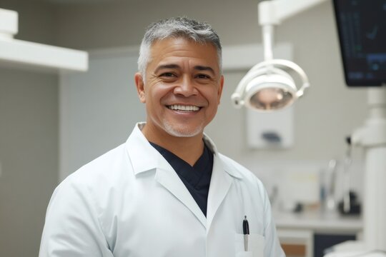 Confident male dentist wearing a lab coat and scrubs, smiling at the camera in a professional dental office environment
