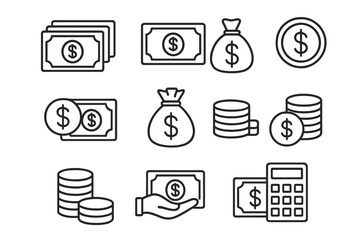Money line icon set. Cash, finance, business symbols. Vector collection of dollar banknotes, coins, savings, payment icons. Editable stroke for web, app, and print design.