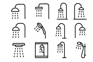 Shower head icon set. Bathroom, water spray, and hygiene concept. Simple outline symbols for web and mobile apps. Modern minimalist vector line art pictogram collection.