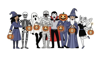 Halloween Costume Parade: A diverse group of costumed characters gleefully parades with their signature treats, representing a blend of fright and fun