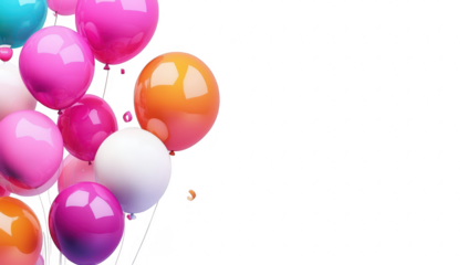 Colorful balloons in various shades of pink. orange. and white are clustered together against a clean white background. creating a festive atmosphere ideal for celebrations or events