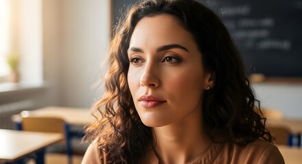 Thoughtful woman sitting in a classroom with a blackboard in the background, gazing forward with a pensive expression in a quiet learning environment.