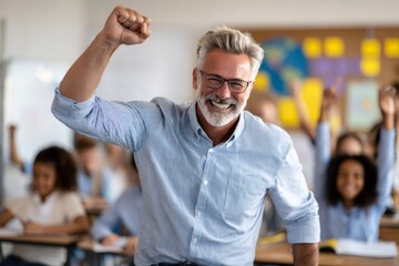 Fototapeta premium Happy teacher celebrating success with students in classroom