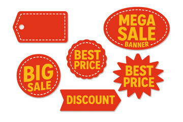 Red sale tags vector set. Special offer, big sale, discount, best price. Mega sale banner. Shop or online shopping sticker, badge, coupon. Retail store promotion label.
