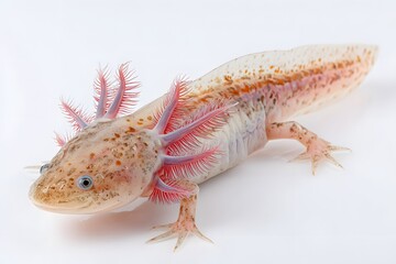 Naklejka premium An axolotl with pink frills on its head is resting on a white background.
