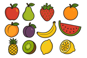 Colorful cartoon fruit icon set. Vector illustration of fresh healthy food. Includes apple, pear, strawberry, orange, peach, plum, banana, watermelon, pineapple, kiwi, lemon.