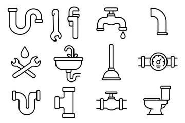 Obraz premium Plumbing service outline icon set. Vector collection of pipeline and sanitary symbols. Pipe, wrench, faucet, sink, toilet, plunger, valve. Editable stroke line art for repair.
