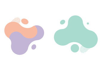 Two abstract amoebashaped blobs one purple and peach one turquoise with assorted circles and diagonal lines