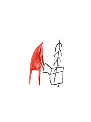 Hand paint watercolor stick figure illustration. Watercolor people. Man with fir tree. Market. 