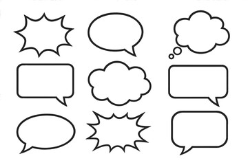 Obraz premium Vector set of simple black and white comic speech bubbles. Pop art style talk and thought bubbles for dialogue. Cartoon message and chat icon. Shout and explosion shapes.