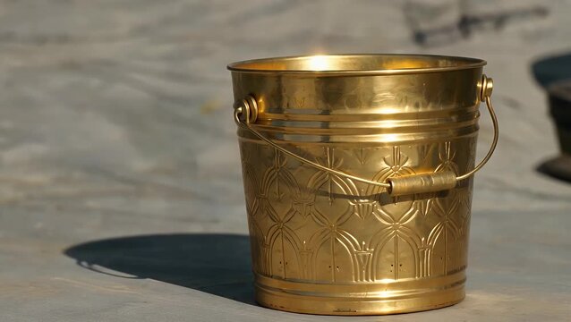 3d ly Modeled Golden-Colored Pail Equipped with Semi-Circular Handle