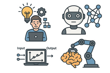 Machine learning vector icon set. Artificial intelligence, data science, neural network concept. Robot, algorithm, automation, input, output, analysis. AI technology metaphor.