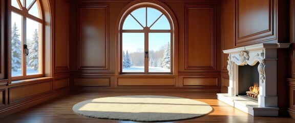 A room with wood paneled walls and a round rug on the floor.