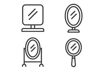 Mirror icon set line art collection. Hand, vanity, tabletop, and floor mirror outlines. Editable stroke symbols for UI, UX, web design, and apps. Vector pictogram pack.