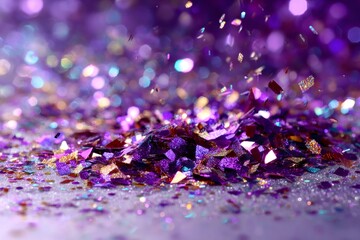 Showering purple glitter and falling shiny confetti particles