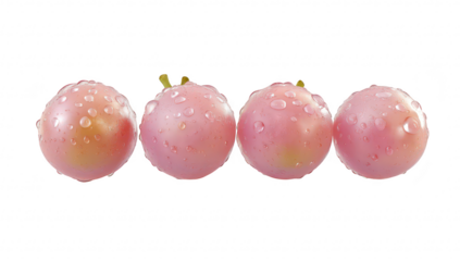A close-up view of four fresh. dewy pink plums arranged in a row against a clean white background. their natural sheen and inviting appearance. perfect for food photography