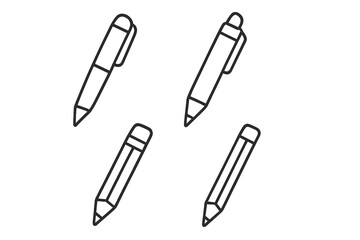 Thin line pen and pencil icons set with editable stroke, vector cartoon illustration collection for web, books, cards, apps, office supplies, drawing and writing tools