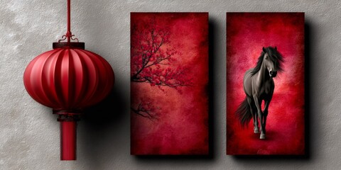 Red chinese lantern illuminating diptych with horse and cherry blossom tree
