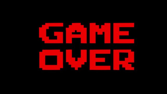 Animation of text in pixel art style on a black background, game over, video.