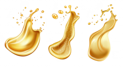 A collection of three dynamic golden liquid splashes varying textures and forms. ideal for use in design projects focusing on luxury. elegance. or culinary themes