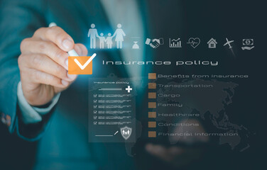 Businessman checking insurance policy through virtual online documents, protection and risk reduction concept covering family, health, travel, finance, real estate, and daily life insurance.